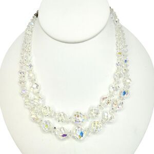 VTG Crystal Double Strand Necklace 17.5" Aurora Borealis Formal Wedding Jewelry